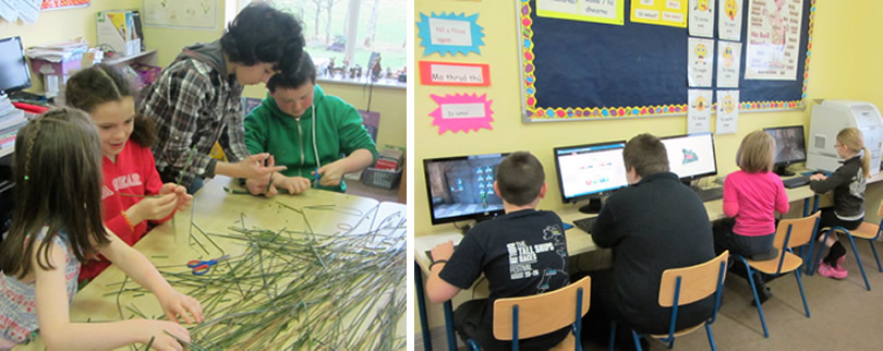 Pupils at St. Aidans NS Ballintrillick making St. Brigids Crosses & 2nd picture on the computers at school