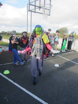 Scary halloween costume worn by pupil at St Aidans Ballintrillick in playground