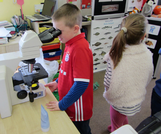 Boy looking through magnetoscope at St Aidans NS Ballintrillick